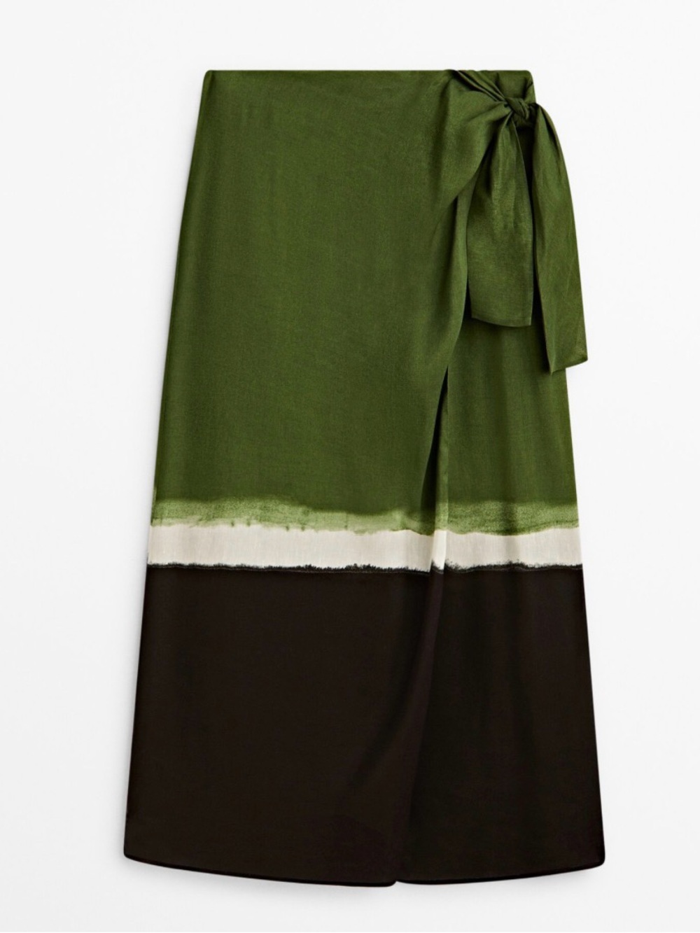 Massimo Dutti Olive Green Colorblock Wrap Midi Skirt with Tie size 4